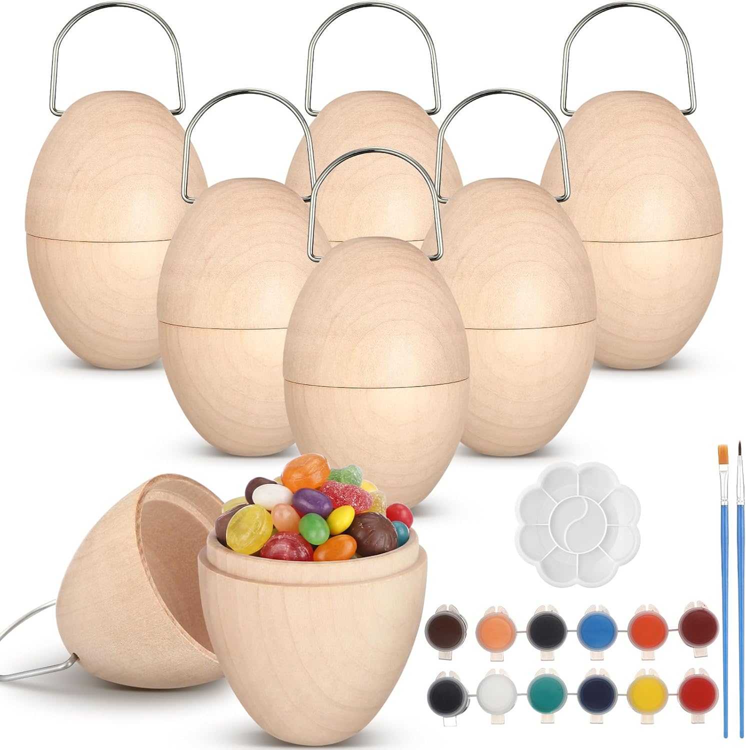 VioraWhite 6 Pcs 4.33 Inch Large Easter Wooden Fillable Eggs with Handles Unfinished Wood Egg Easter Hunt Basket with Paint Brush Palette DIY Art Painting Craft Spring Decoration Party Favor