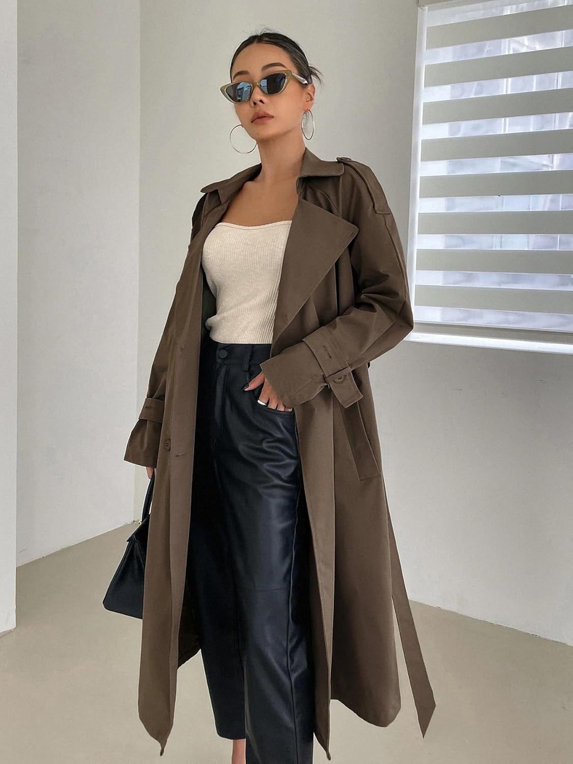 Women's Trench Coat Casual Long Sleeve Belted Double Breasted Raglan Sleeve Trench Coat Classic Overcoat