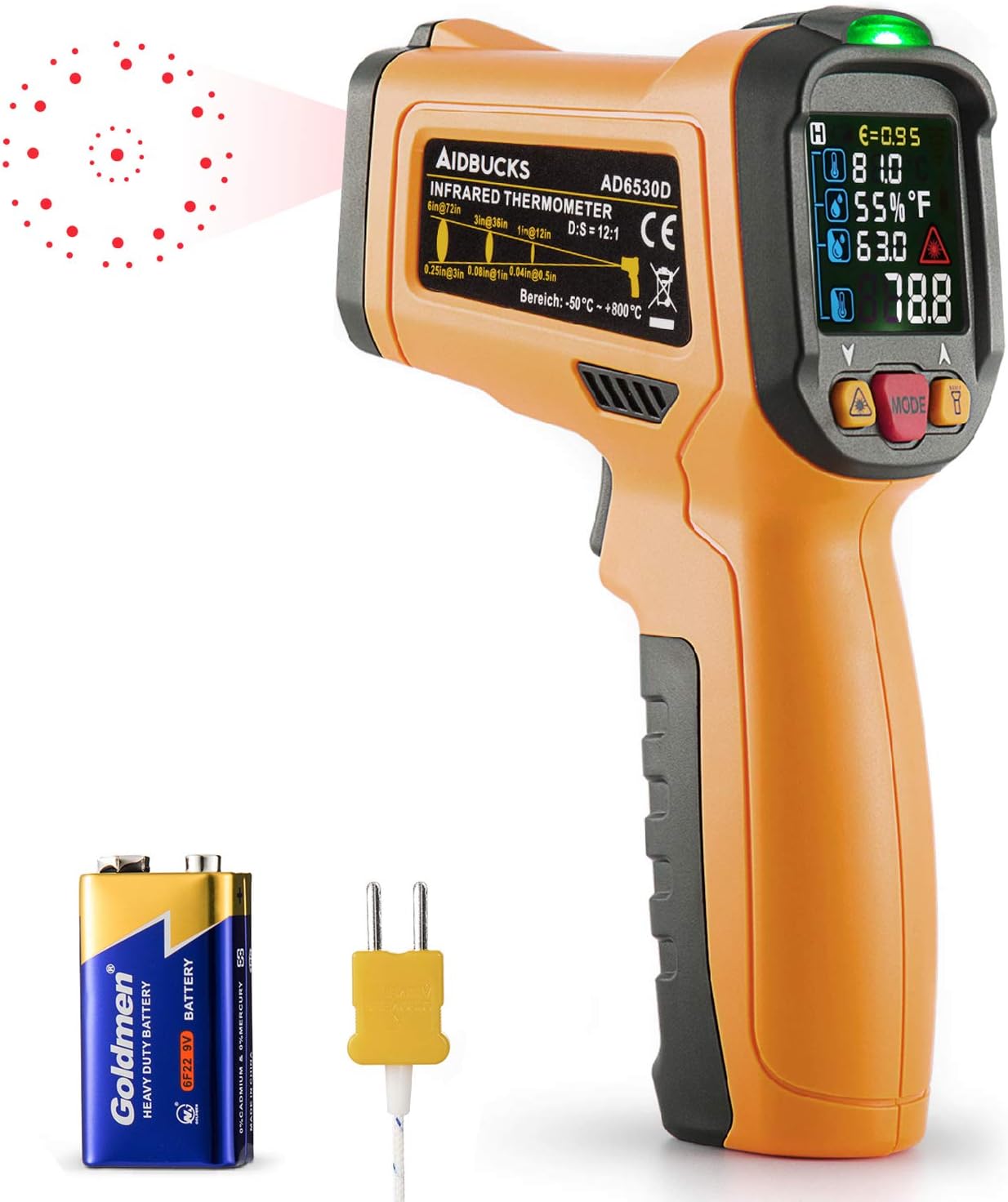 Infrared thermometer Janisa AD6530D IR laser, digital thermometer, non-contact with colour, LCD 12-point laser circuit, colour display, alarm function when over/under the temperature -50 °C to 800°C.