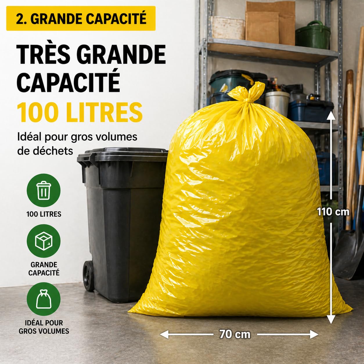 Bolsa de basura amarilla 100 l | 50 bolsas de basura de 100 litros (2 rollos de 25 bolsas amarillas) | Muy resistente (30 µ) e impermeable | Residuos no alimentarios | Cierre de enlace para atar |