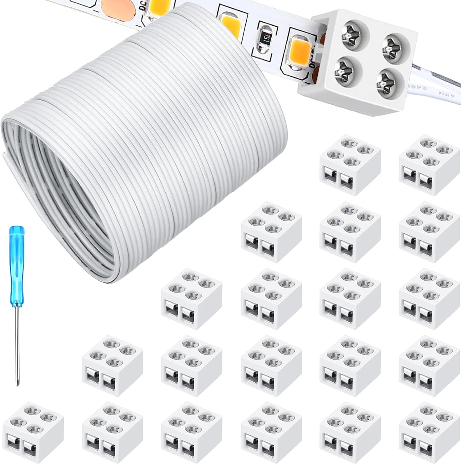 20 Pieces 2 Pin 8mm Solderless LED Strip Connector with 16.4ft Light Strip Cable Transparent