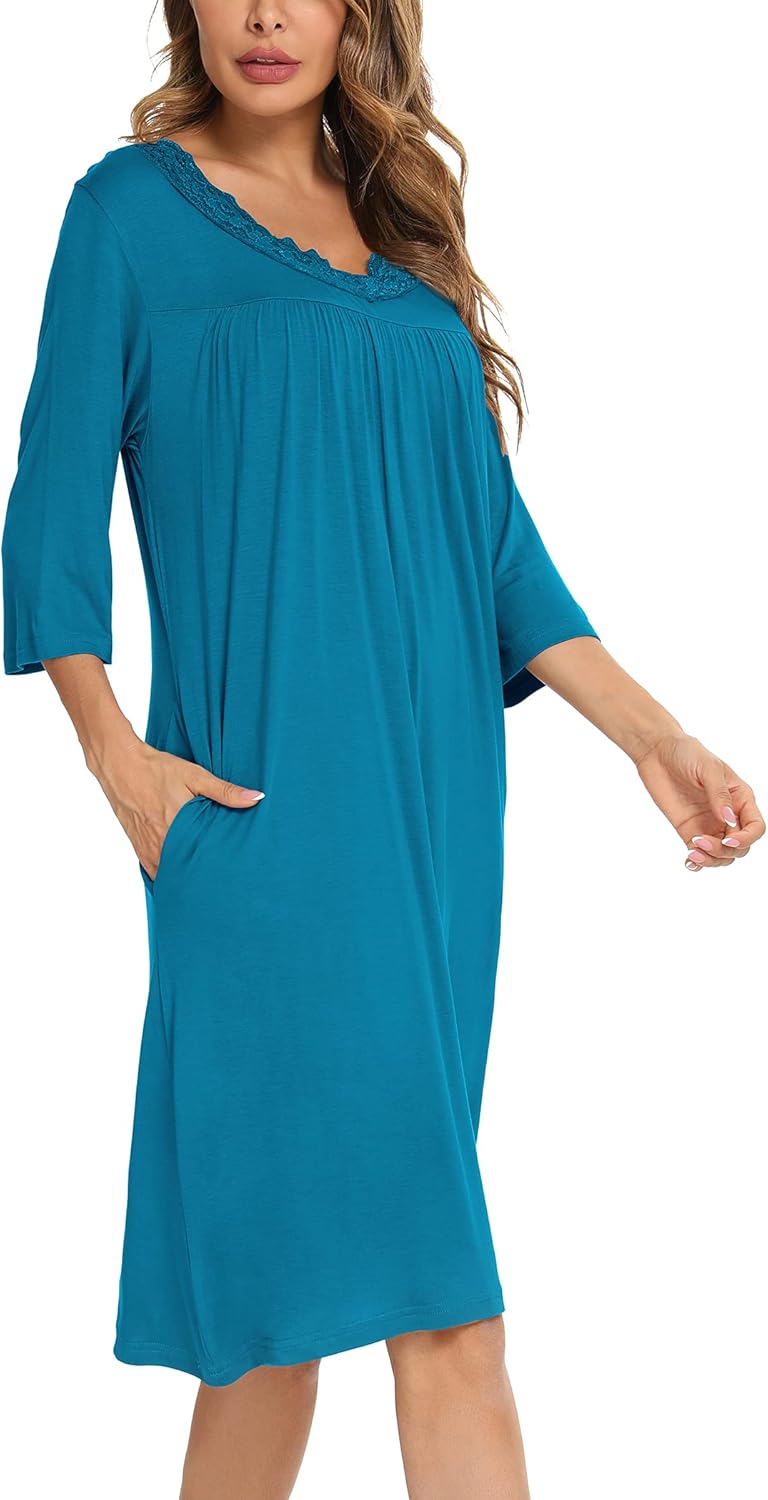 YYA Nightgowns for Women 3/4 Sleeve Sleepwear Lace Comfy Sleep Gowns Pleated V Neck Plus Size Nightshirt S-4XL - Image 5