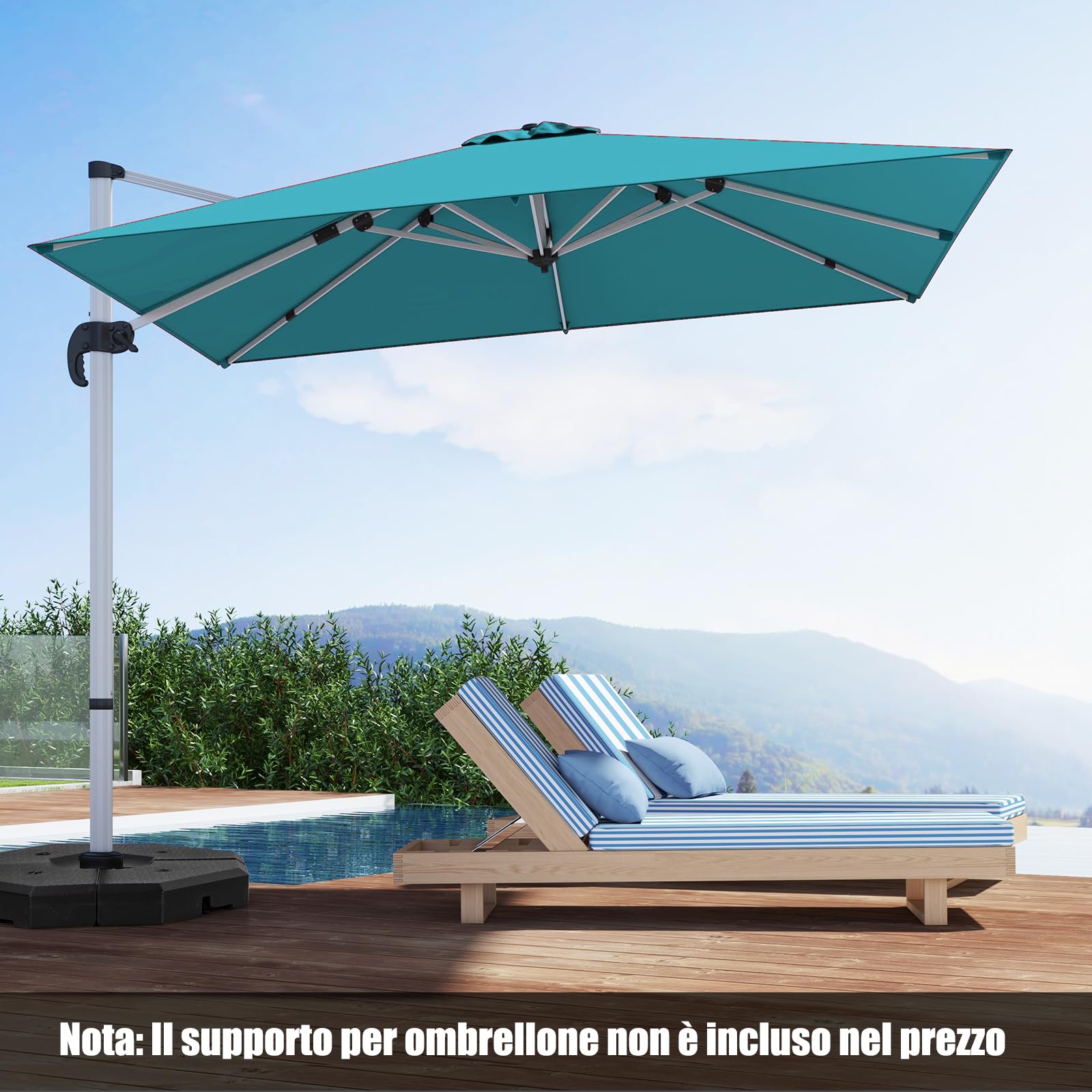 COSTWAY Ombrellone da Giardino 300 cm, Ombrellone Quadrato da Esterno con Rotazione a 360°, Inclinazione Regolabile, Base a Croce, 8 Stecche (Blu)