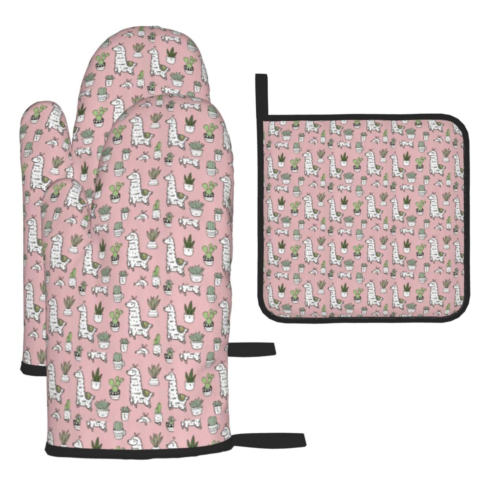 Alpaca And Cactus Print Oven Mitts Kitchen Gloves Set Everyday Baking Grilling Microwaving Cooking Gift