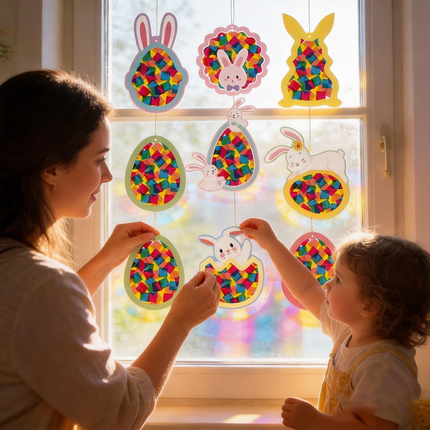 Easter Window Decoration Craft Kit, DIY Paper Cutting Set with 16 Templates, Colorful Plastic Paper, Sticky Dots, Hanging Ornaments