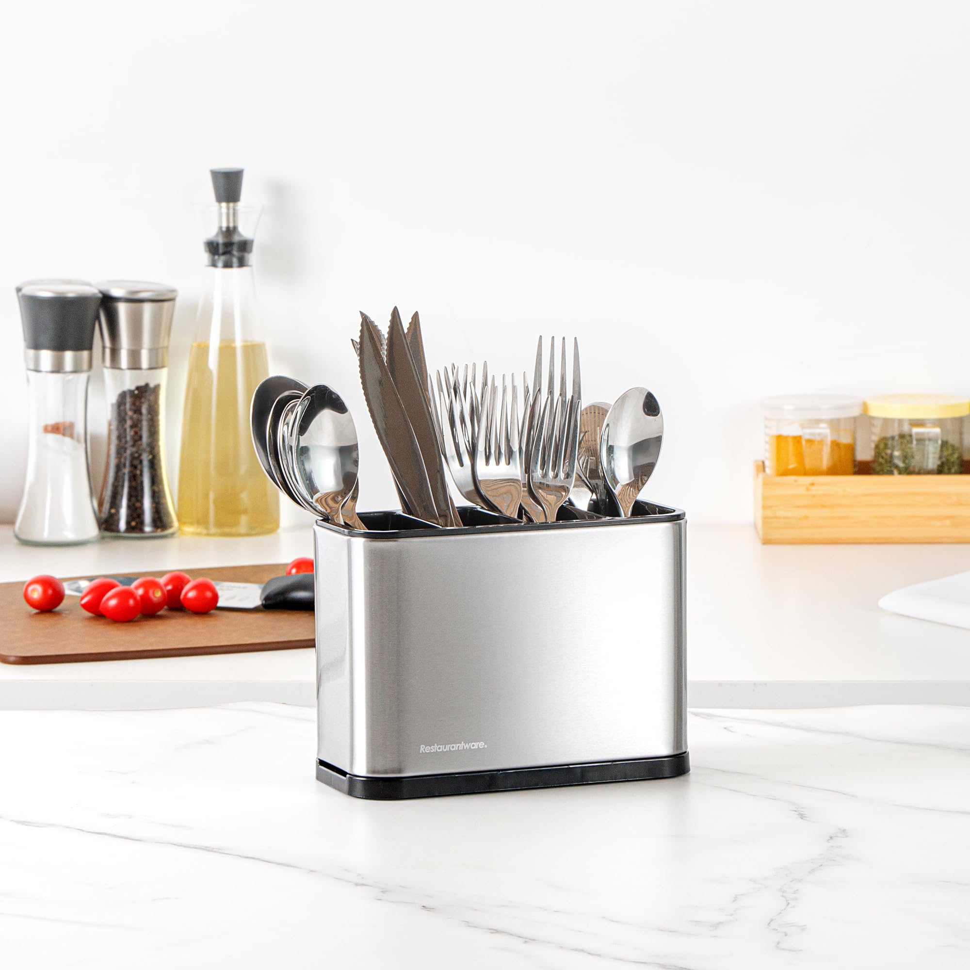 Restaurantware -Met Lux - Organizador de utensilios de 7.09 x 3.39 x 5.12 pulgadas, 1 organizador de utensilios con base pesada, 4 compartimentos, con bandeja de goteo, soporte para utensilios de