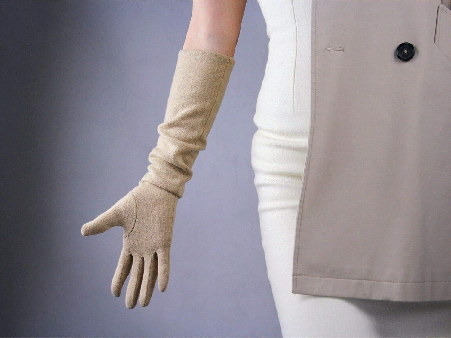 Women Cashmere Wool Gloves Stretchy 20-inch Winter Warm Opera Driving Long Finger Gloves (beige) - Image 4