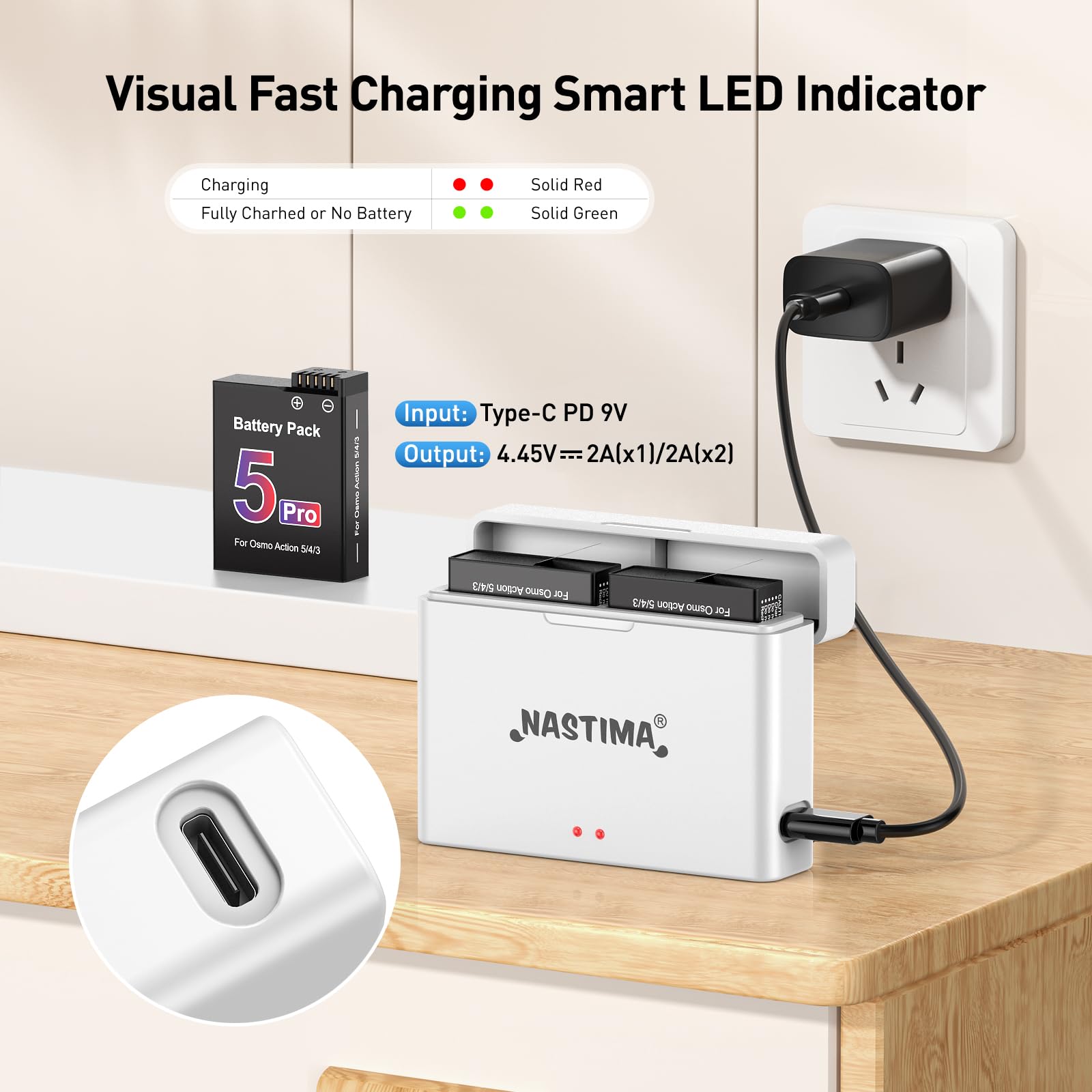 NASTIMA 2100mAh Batería 2-Unidades para dji Osmo Action 5 Pro/4/3, USB Dual | Li-ion Batería de Reemplazo, Carcasa de carga rápida PD, Cable de carga USB-C de dos canales, BMS integrado, larga vida útil