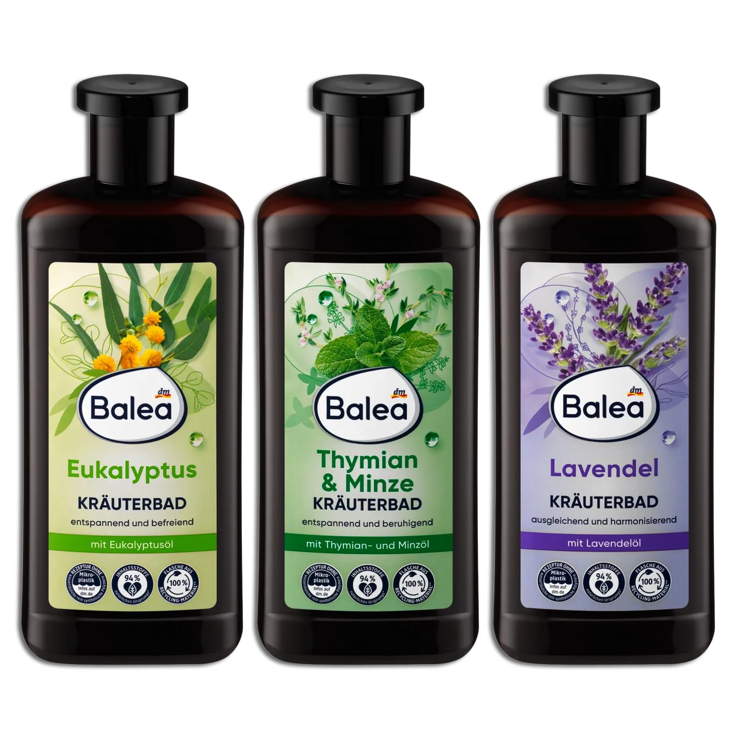 Lot de 3 bains aux herbes : thym et menthe, lavande, eucalyptus 3 x 500 ml