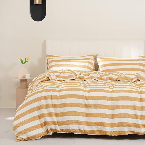 S VICTORY SYMBOL Juego de funda de edredón de 3 piezas, 100 % lino, diseño de hilo teñido de rayas amarillas, juego de funda de edredón de lino