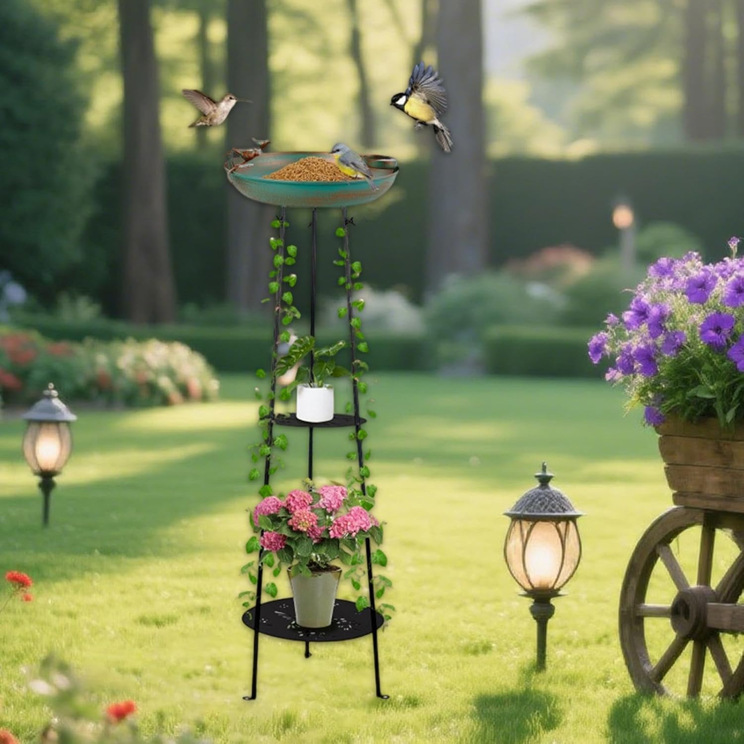 Garden Tripod Stand with Bird Bath Feeder Wrought Iron Sturdy Decorative Craft Multifunctional Trellis Plant Support 33x105cm