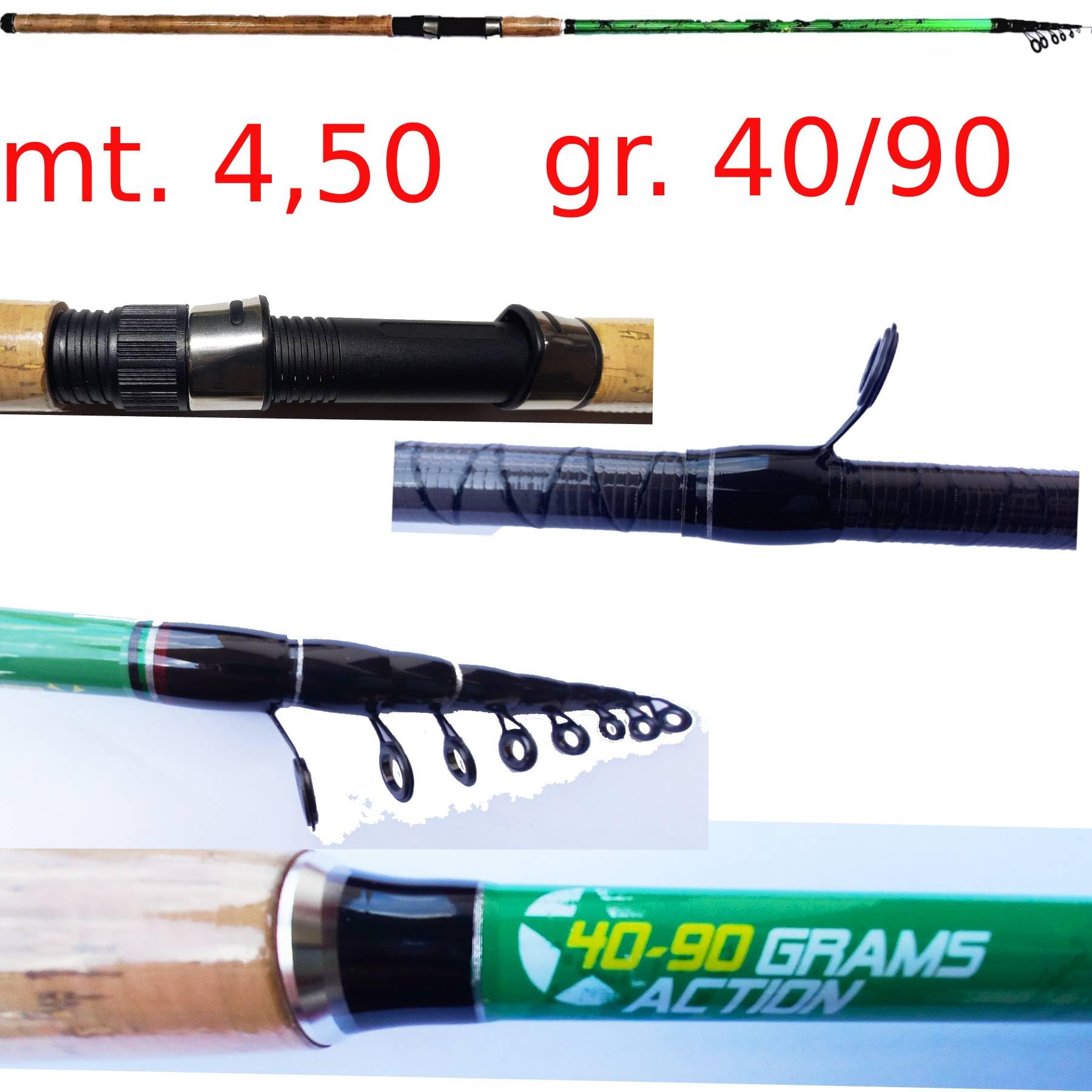 Canna Da Pesca Carbonio Intrecciato Bombarda Inglese Mare Lago Viper 4.50 Mt 90 Grammi