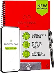 Rocketbook Caderno espiral reutilizável New Core, tamanho executivo 15 x 21 cm, vermelho - páginas forradas, conectadas ao aplicativo, apagável, capa durável, ideal para escola, trabalho e projetos