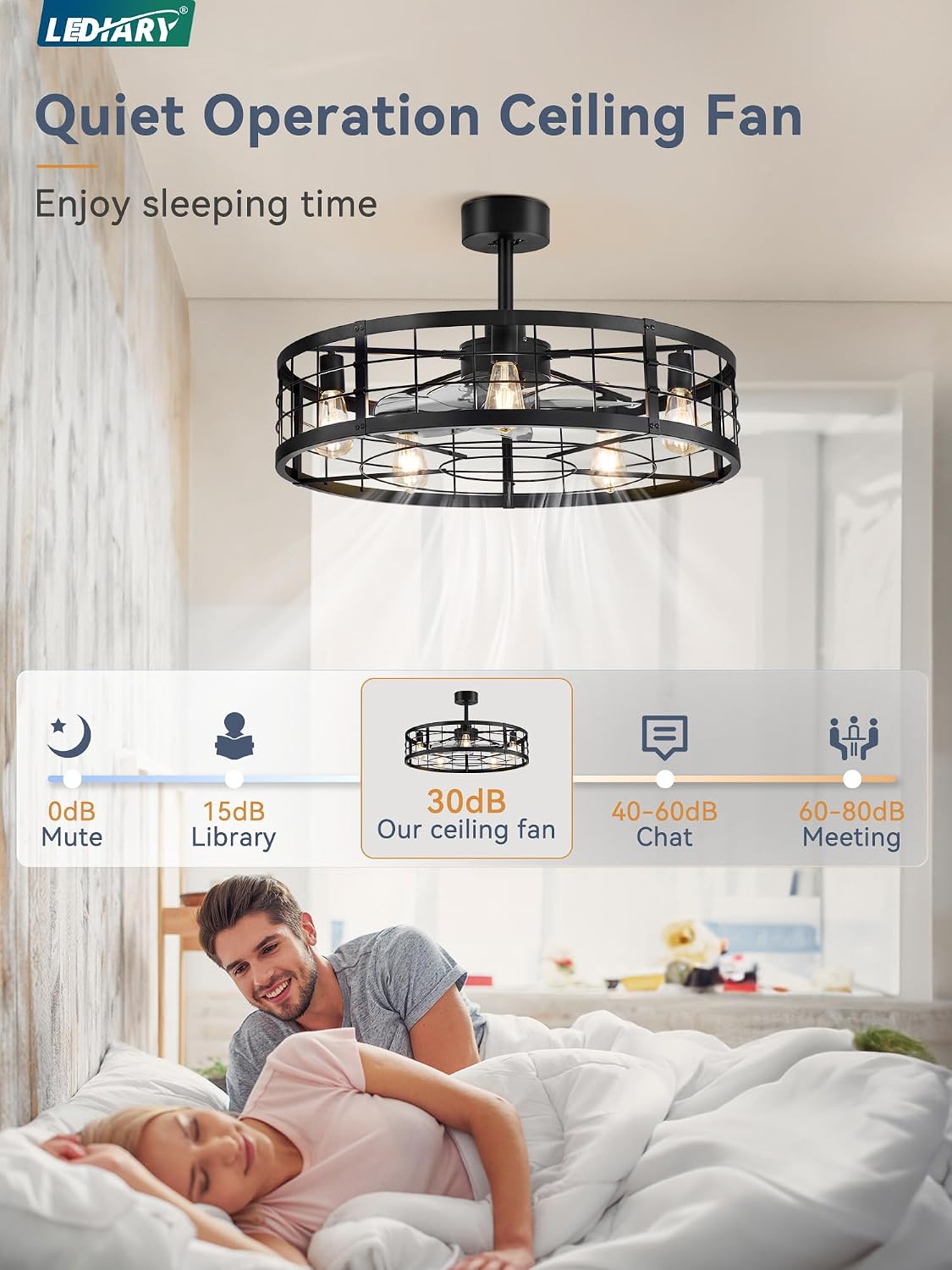 LEDIARY 30 inch Fandelier Caged Ceiling Fan with Light, Bladeless Ceiling Fan with Remote, Farmhouse Fan Lights Ceiling Fixtures for Kitchen, Bedroom, Outdoor(6 Speed, Timing)-Black