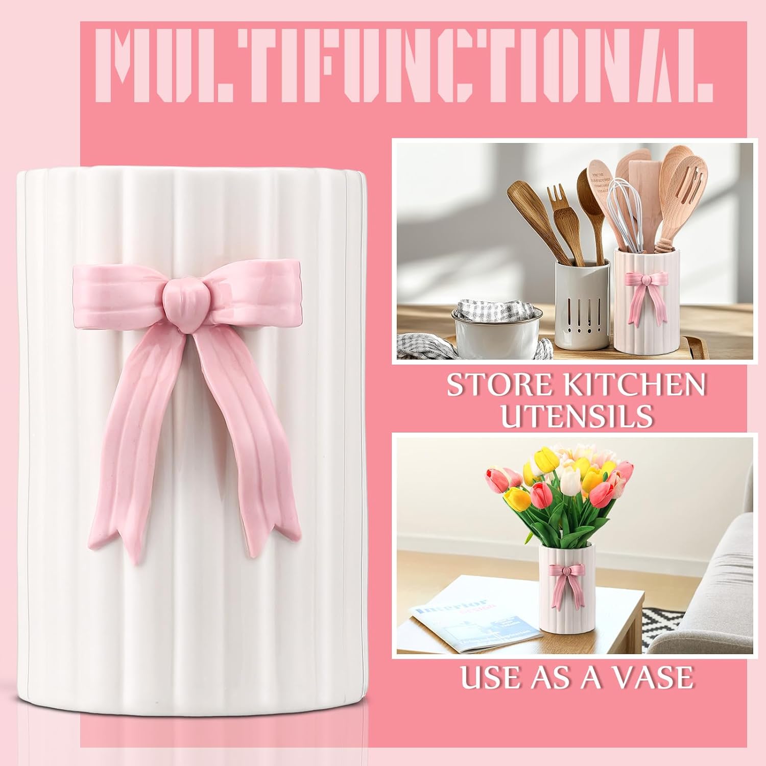 LemonRoad Pink Bow Ceramic Utensil Holder 3D Coquette Handmade Pink Kitchen Decor Mothers Day Kitchen Gifts Cooking Utensil Crock with Scalloped Preppy Caddy Pen Holder Vase for Countertop Spoon