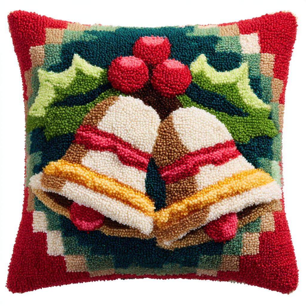 Ambattery Latch Hook Cushion Kits-A Latch Hook Kits For Adults, Christmas Bells Crochet Kits,Diy Cross Stitch Kit Cushion Covers,Embroidered Pillowcase Craft Kit With Yarn And Crochet Hook 17X17in