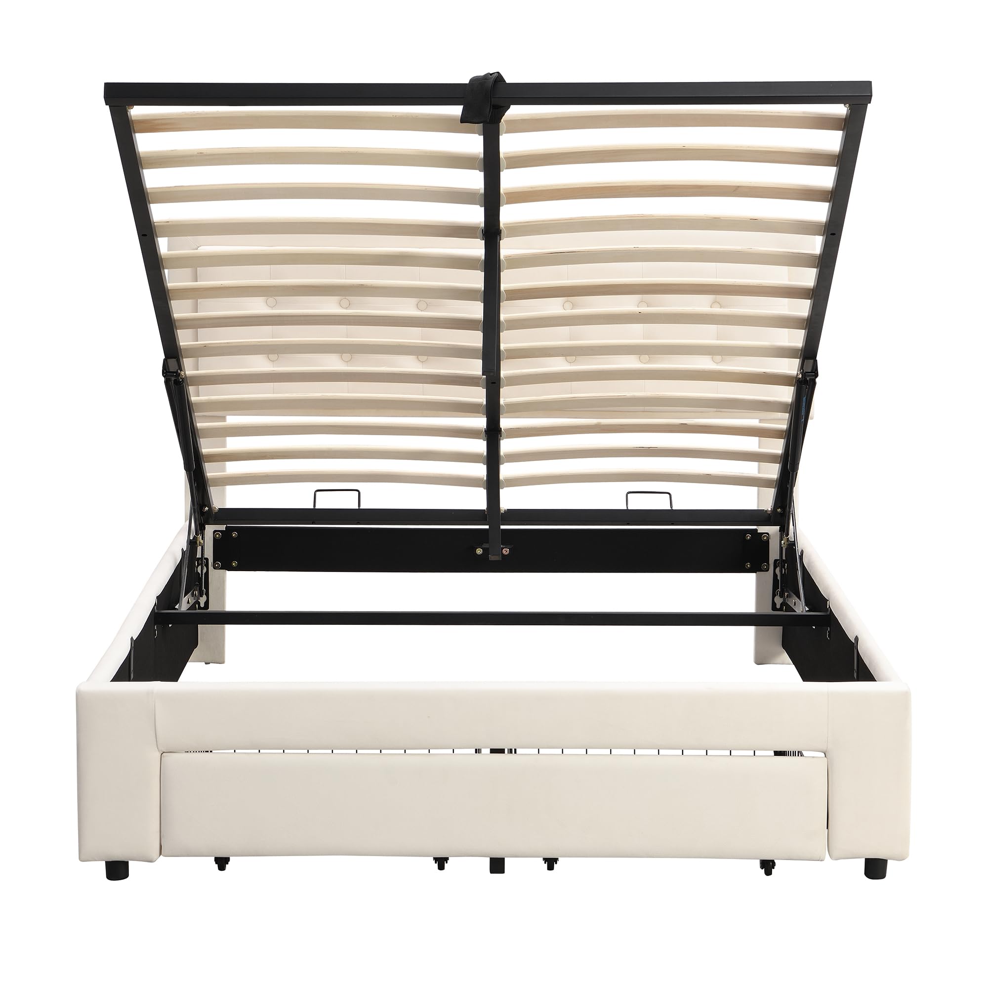 Lubvtti Letto imbottito 140 x 190 cm, con contenitore idraulico e 2 cassetti, con rete a doghe e testiera, velluto, beige (senza materasso)