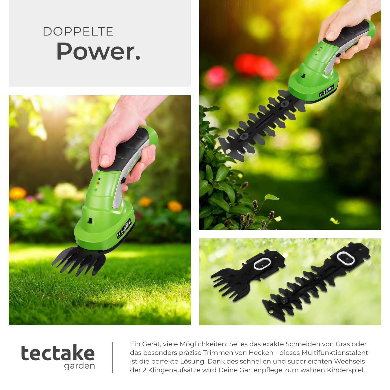 tectake® Akku Heckenschere elektrisch, Strauchschere 7.2V, Grasschere mit 2 Aufsätzen, Rasentrimmer mit Teleskop Stange, Rasenkantenschneider, elektrische Gartenschere mit Messer Aufsatz, Trimmer