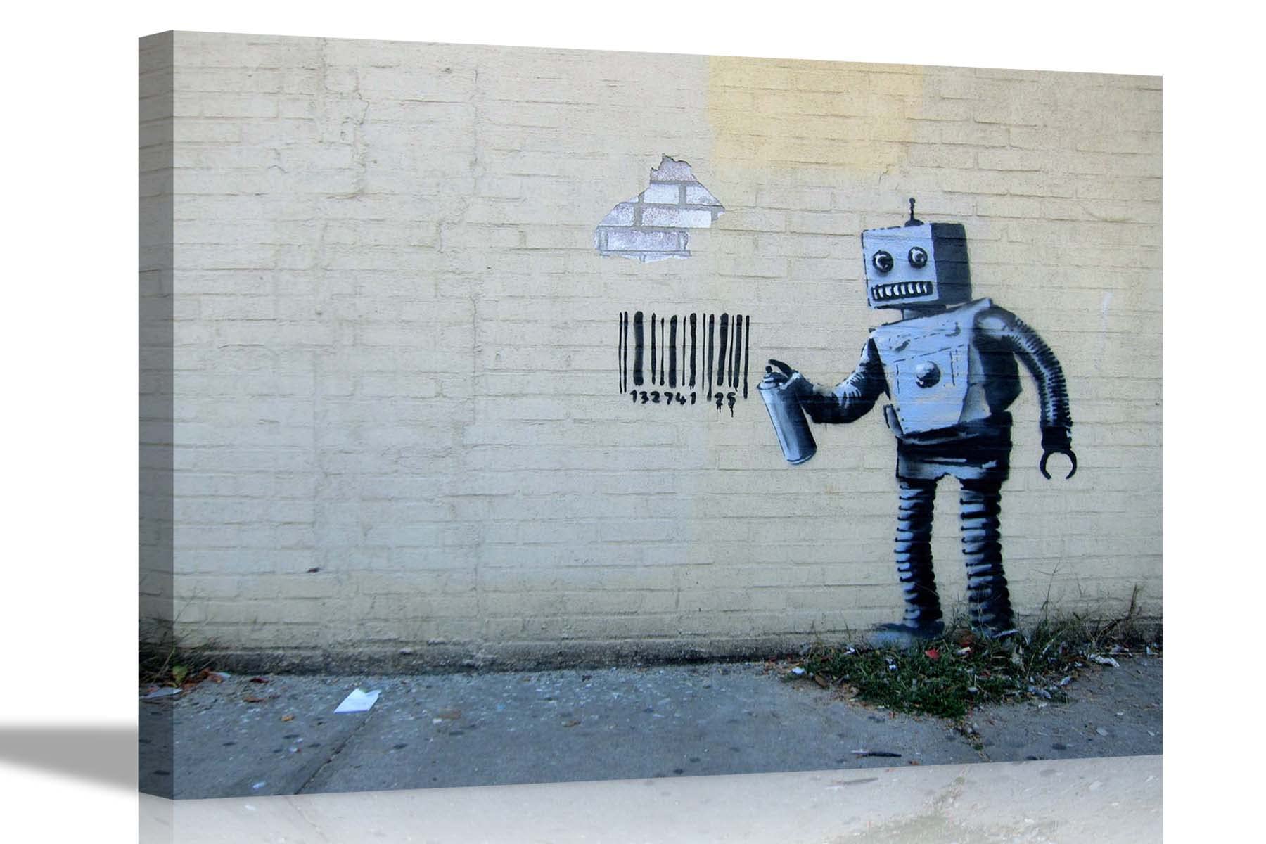 Artley Prints White Tagging Robot By Banksy On Framed Canvas Prints Wall Art Graffiti Pictures Home Hanging Artwork 30 X 20Cm (12 X 8 Inches) A4
