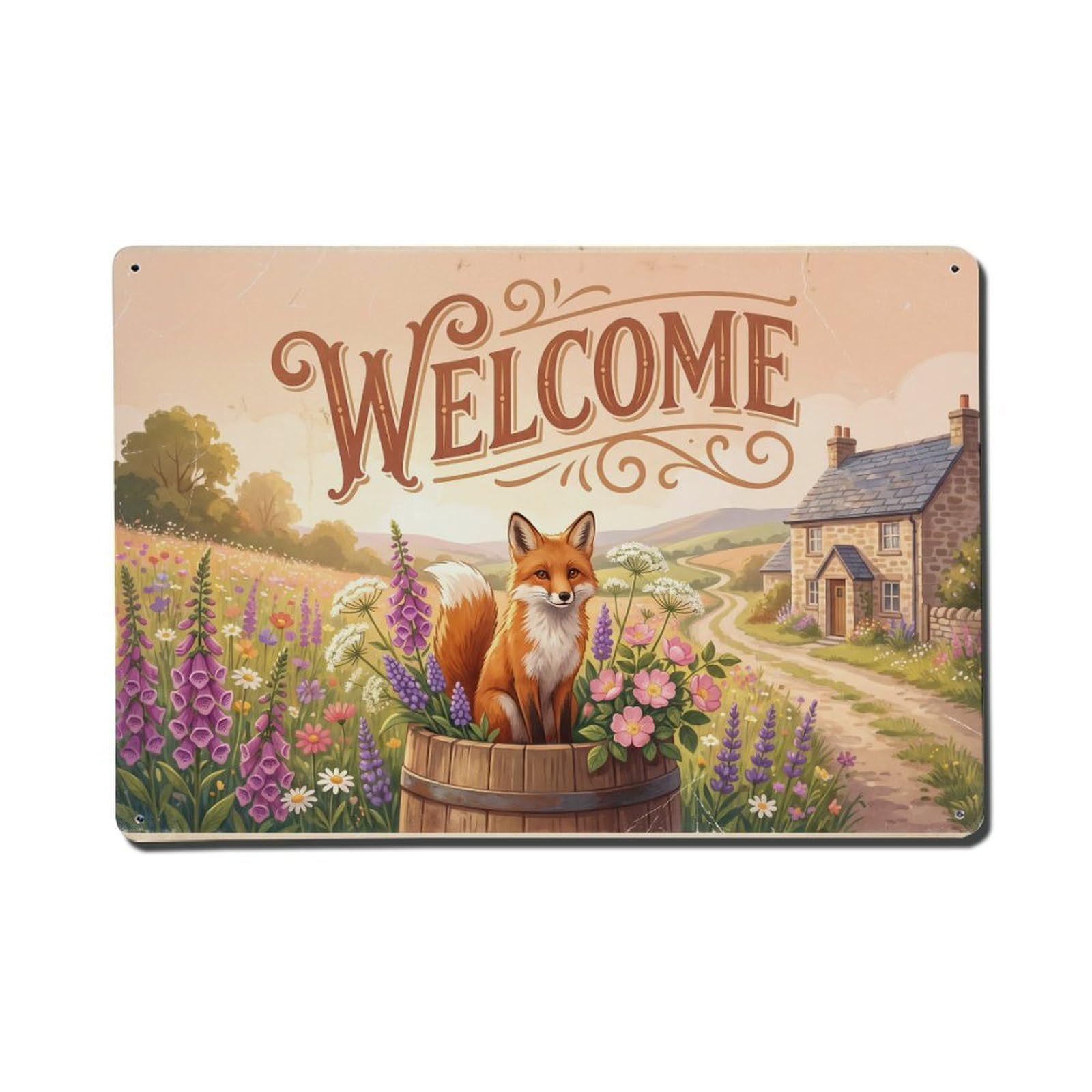 Vintage Welcome Fox Peaceful Place Metal Tin Sign