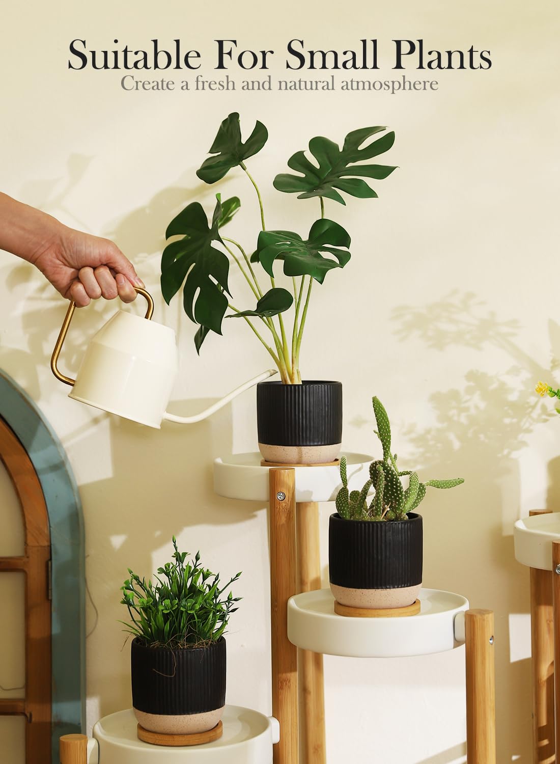 Piccoli vasi in ceramica da 10 cm, con foro di drenaggio e sottovaso, fioriera moderna per piante grasse, piante da interno, cactus, erbe, nero, set di 4 (pianta non inclusa)