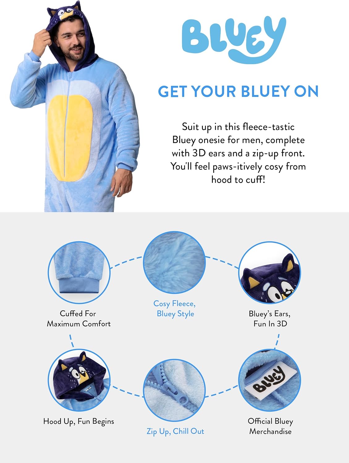 Bluey Onesie For Men, Fleece Adult Onesie, Bandit Mens Pajamas, Novelty Adult Pajamas