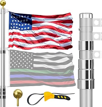 30FT Telescoping Flag Pole for Outside House, Extra Thick Telescopic Flagpole with USA Flag, Inground Outdoor Use, Camper RV, Residential & Commercial, Complete Hardware & Top Ball Silver