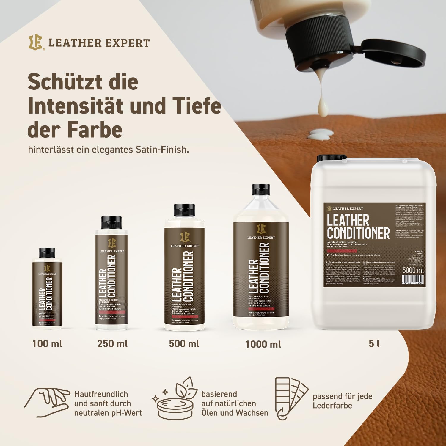 Leather Expert Leather Conditioner 1000 ml | Soin du cuir de qualité supérieure pour voiture et meubles | Nettoyage et entretien pour cuir véritable et cuir synthétique | Nettoyant et entretien pour