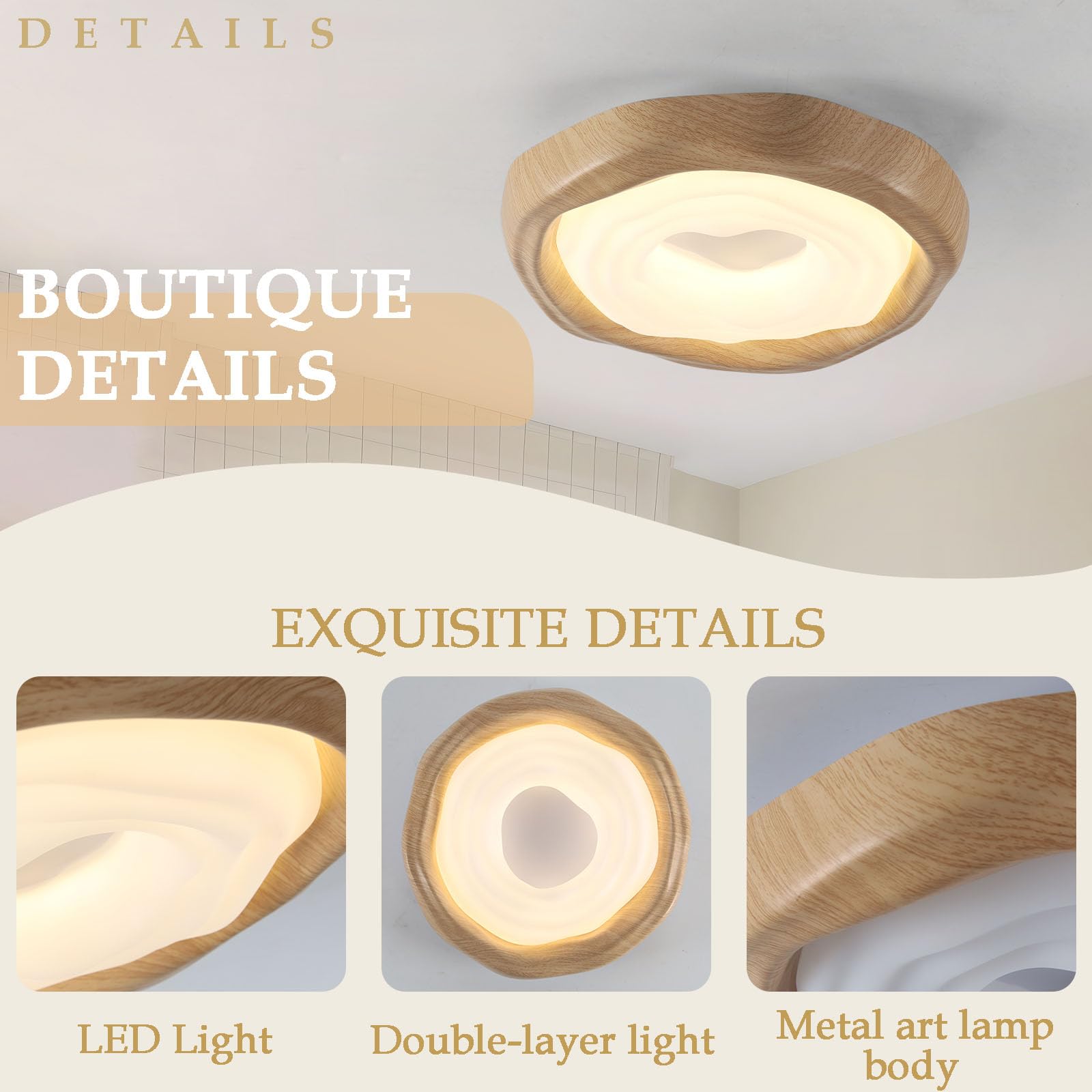 Moderne Led Deckenlampe Schlafzimmer,Natur Holzfarbe Runde Deckenlampe Warmes Licht,D42 Flach Deckenleuchte Wohnzimmer,Mehrschichtig Lampe Decke für Esszimmer,Küche,Lounge,Flur,Büro.