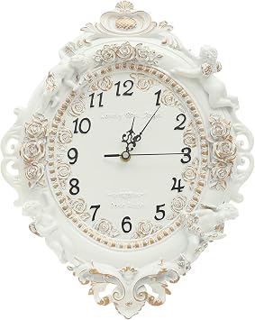 European Style Resin Wall Clock, Retro Silent Clock with Angel and Rose Relief, Decorative Mural Clock for Living Room, Bedroom, Office, Farmhouse, Kitchen & Home Decor Off-white, 12.8*2.8*16.3in