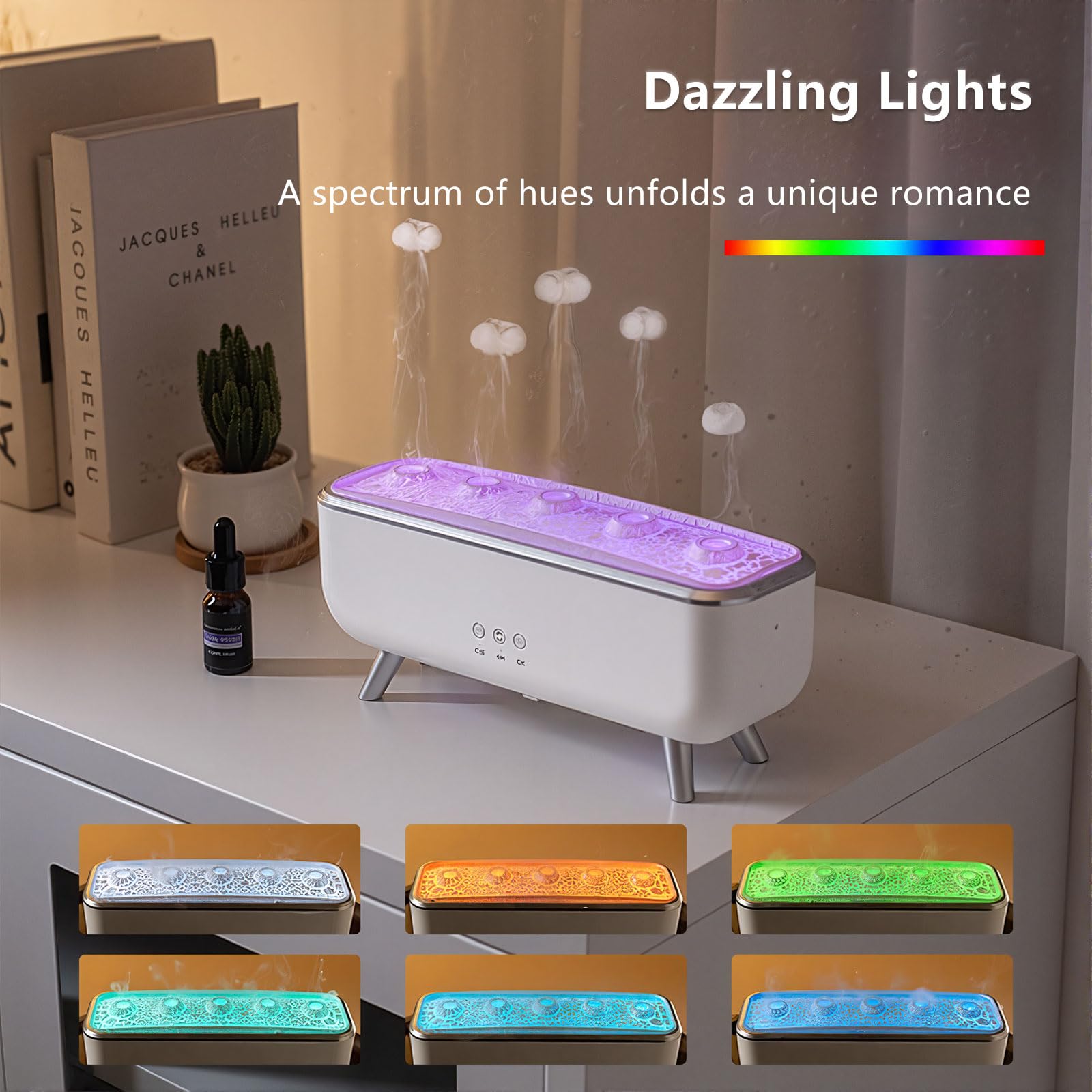 Nawilżacz aromaterapeutyczny z trybami podwójnej mgły, wielokolorowe światła LED, timer 4H/8H do użytku domowego i relaksu, idealny dla dobrego samopoczucia i komfortu