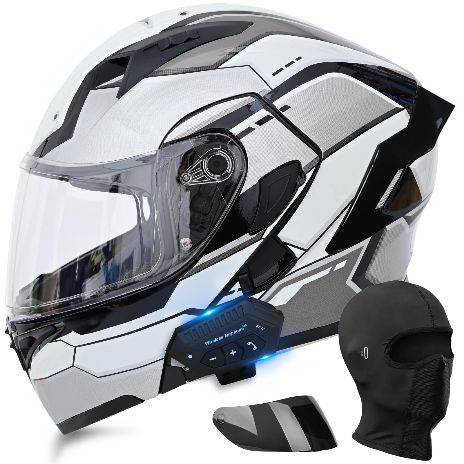 Motorcycle Bluetooth Modular Helmet, DOT Approved Dual Visor Full Face Flip Up Bluetooth Integrated Motorcycle Helmet for Adults Men and Women