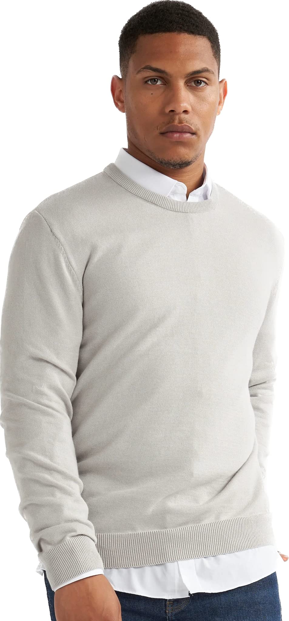 Alsestudio Men's Grey `S Crewneck Jumper 100% Cotton Premium Quality Soft Touch Long Sleeve Pullover Essential Style Knitted Sweaters For -Large