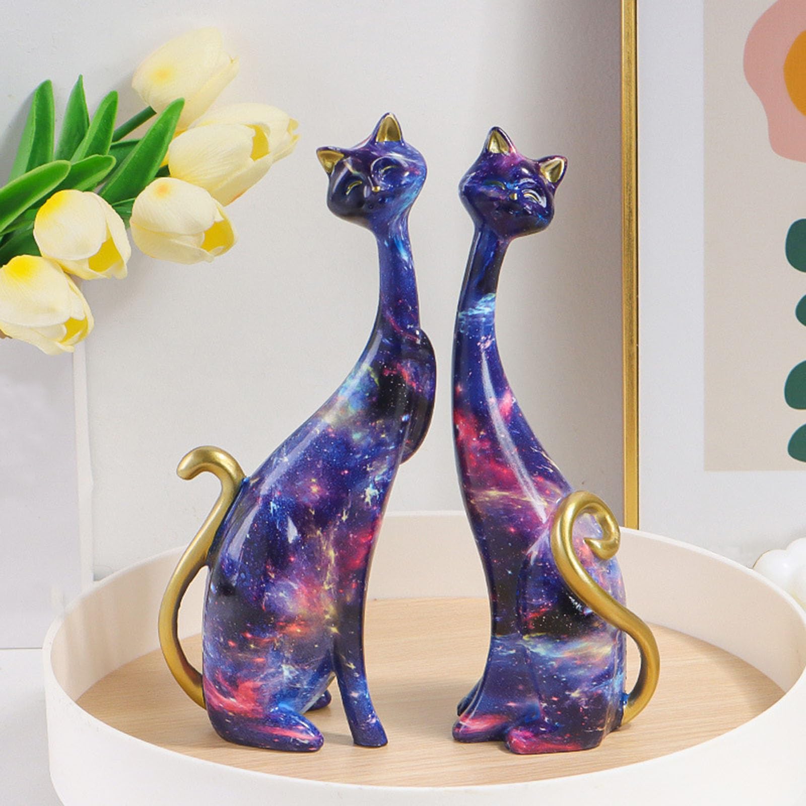 2 Stks Olieverf Kat Standbeelden, Hars Sculptuur Standbeeld Katten, Abstracte Paar Hars Kat Beeldjes Kat Sculptuur voor Kantoor Thuis Hotel Boekenplank Slaapkamer Kantoor Desktop Decoratie,(KY145