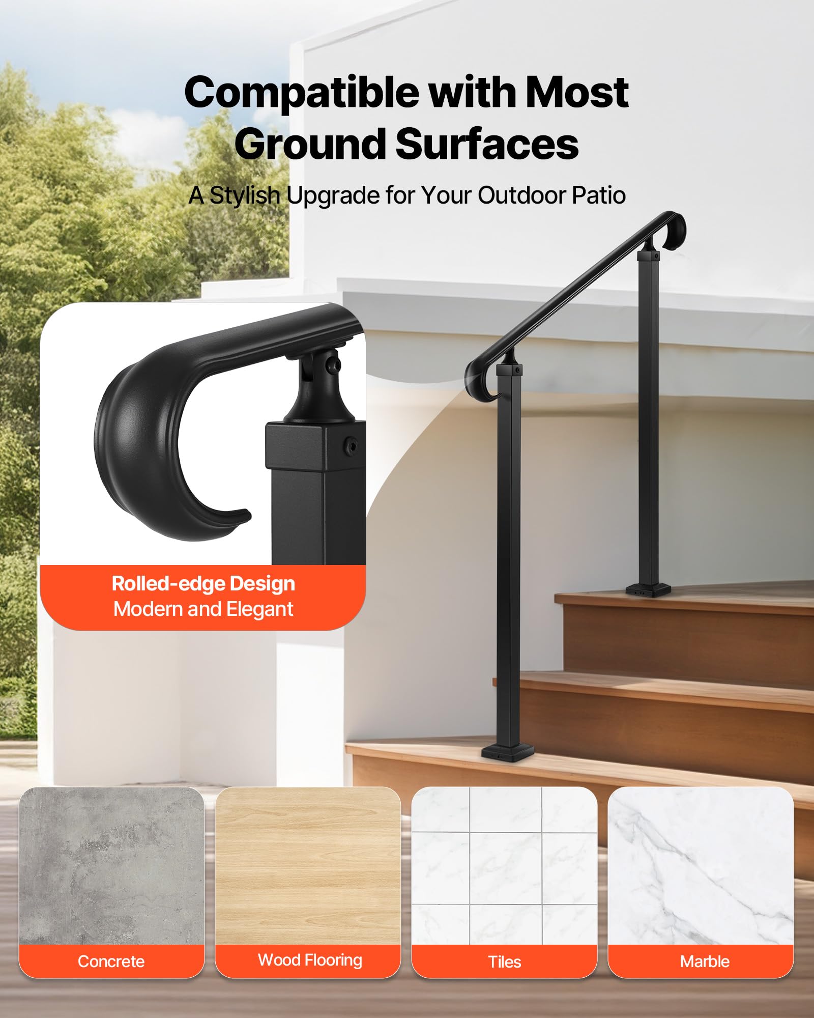 VEVOR Barandilla de Escalera Exterior de Acero al Carbono Pasamanos para 2-3 Escalones Carga de 100 kg con Kit de Instalación para Personas Mayores, Escalones de Concreto, Porche, Patio, Negro