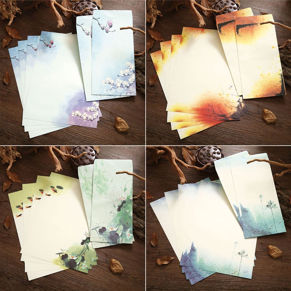 Winrase Set of 32 Chinese Ink Painting Classical Style Design Writing Stationery Paper with 16 Envelopes,8 Styles - Image 3