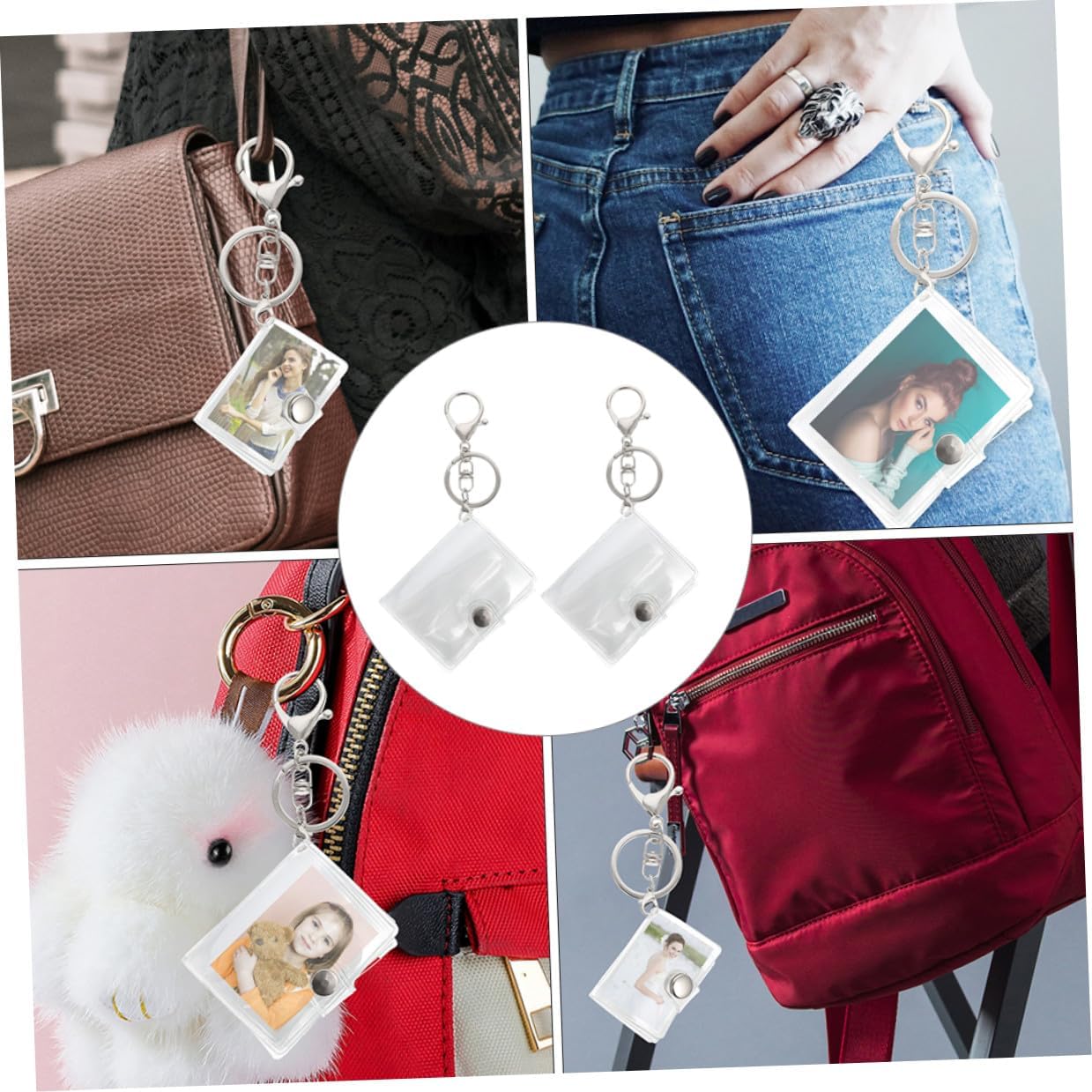 Housoutil Mini Photo Album Keychain 2pcs, 2-inch Pocket Card Photo Holder Key Ring for Travel and Daily Use, Small Decorative Picture Storage Accessory