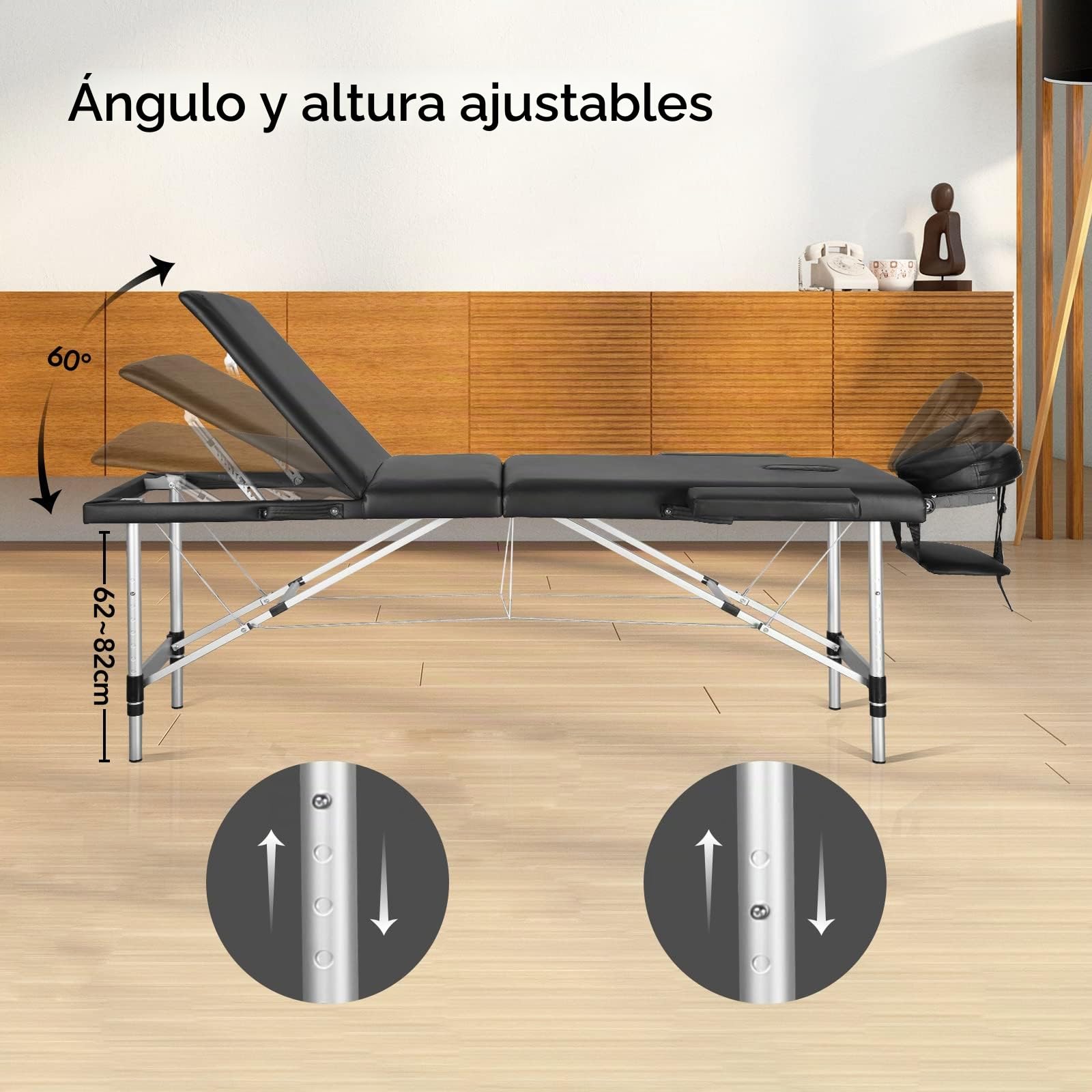 Camilla de Masaje Plegable Profesional para SPA Belleza Superficie de Cuero PVC y Espuma Gruesa de 5CM Altura Ajustable Accesorios Desmontables Patas de Aluminio Color Negro
