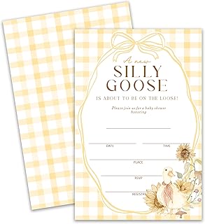 Silly Goose Baby Shower Invitations – 20 Rustic Yellow Gingham Goose Theme Invite Cards with Envelopes, Farmhouse Baby Shower Invitation Set, Fill-in Style, 4x6 Inches(074)
