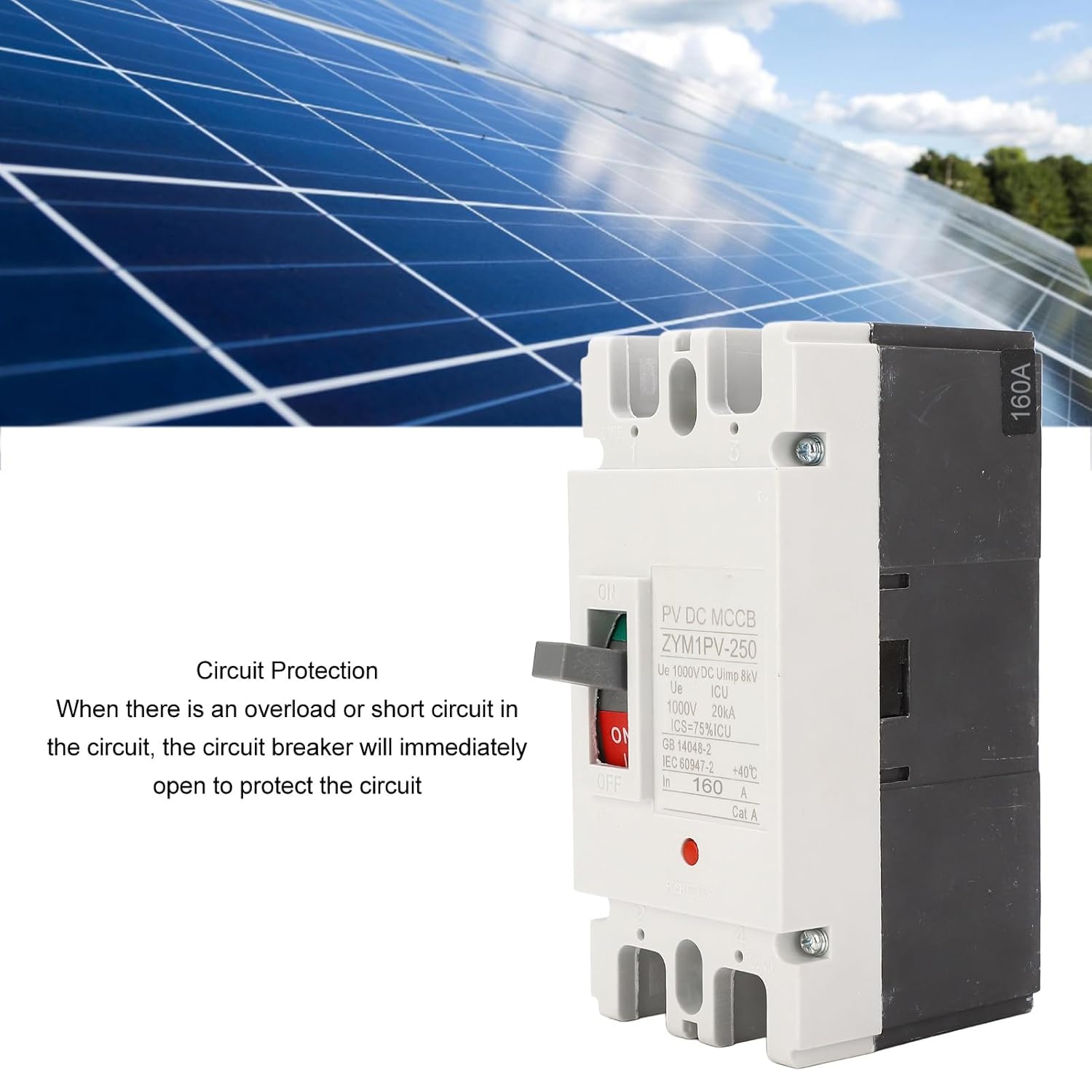 DC Circuit Breaker, 2P DC 1000V 160A 20KA Breaking Plastic Shell Silver Alloy Circuit Breaker Contactshort Circuit Protector Switch Replacement for Electrical Distribution and Systems