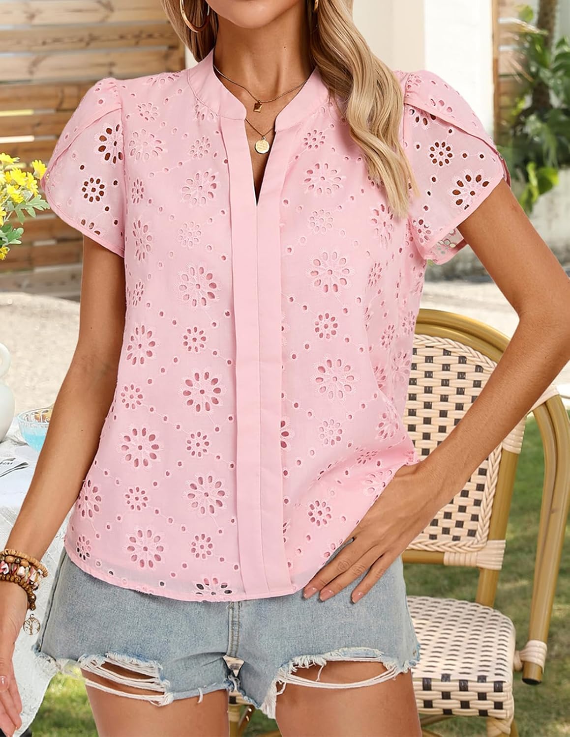 Kate Kasin Women Eyelet Spring Summer Tops, Dressy Casual Petal Short Sleeves Shirts, V Neck Lace Embroidered Blouses - Image 4