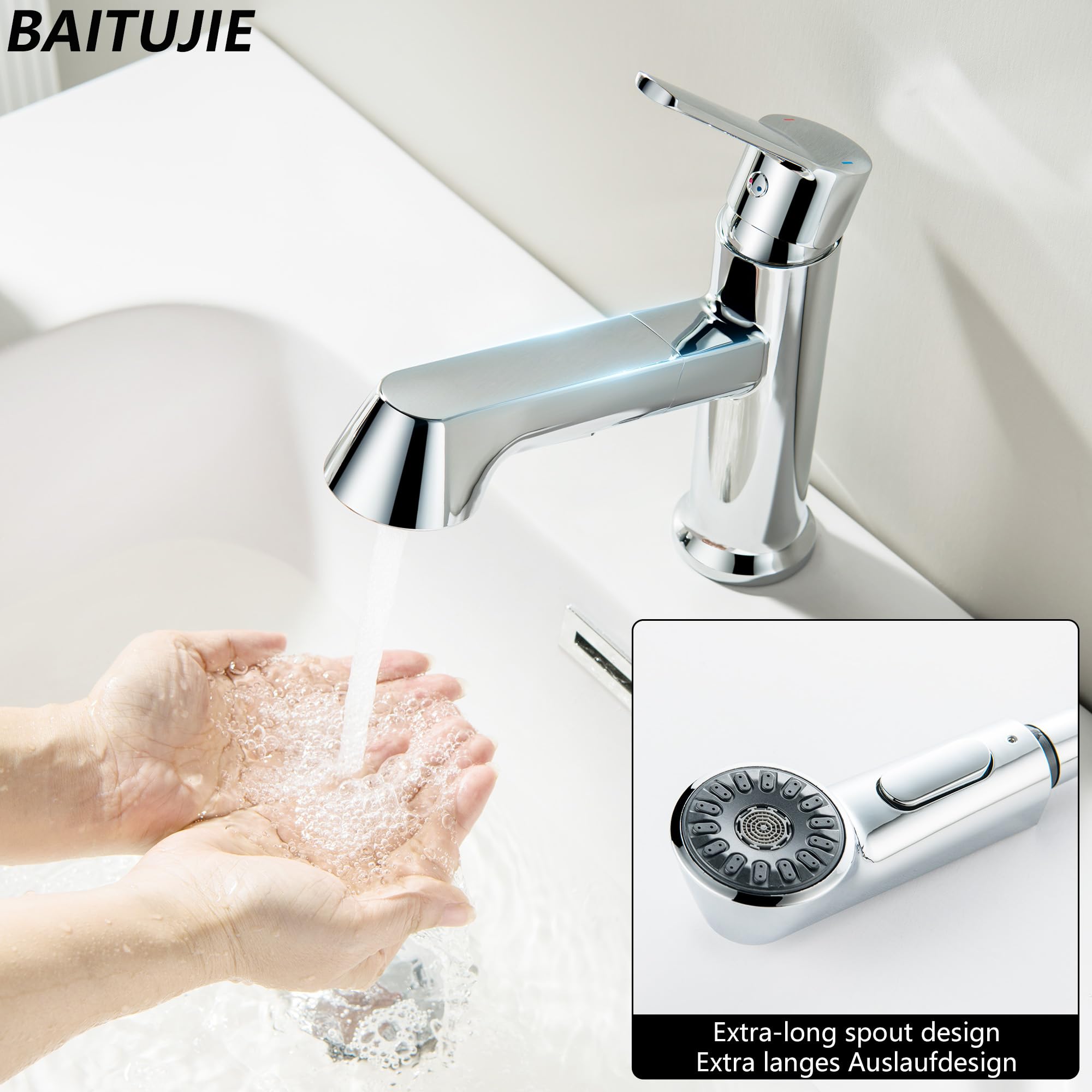 Waschtischarmatur ausziehbar mit Brause, Moderne Wasserhahn Bad Armatur mit 2 Strahlarten, Badarmatur Waschbecken Einhebelmischer für Badezimmer, Chrom