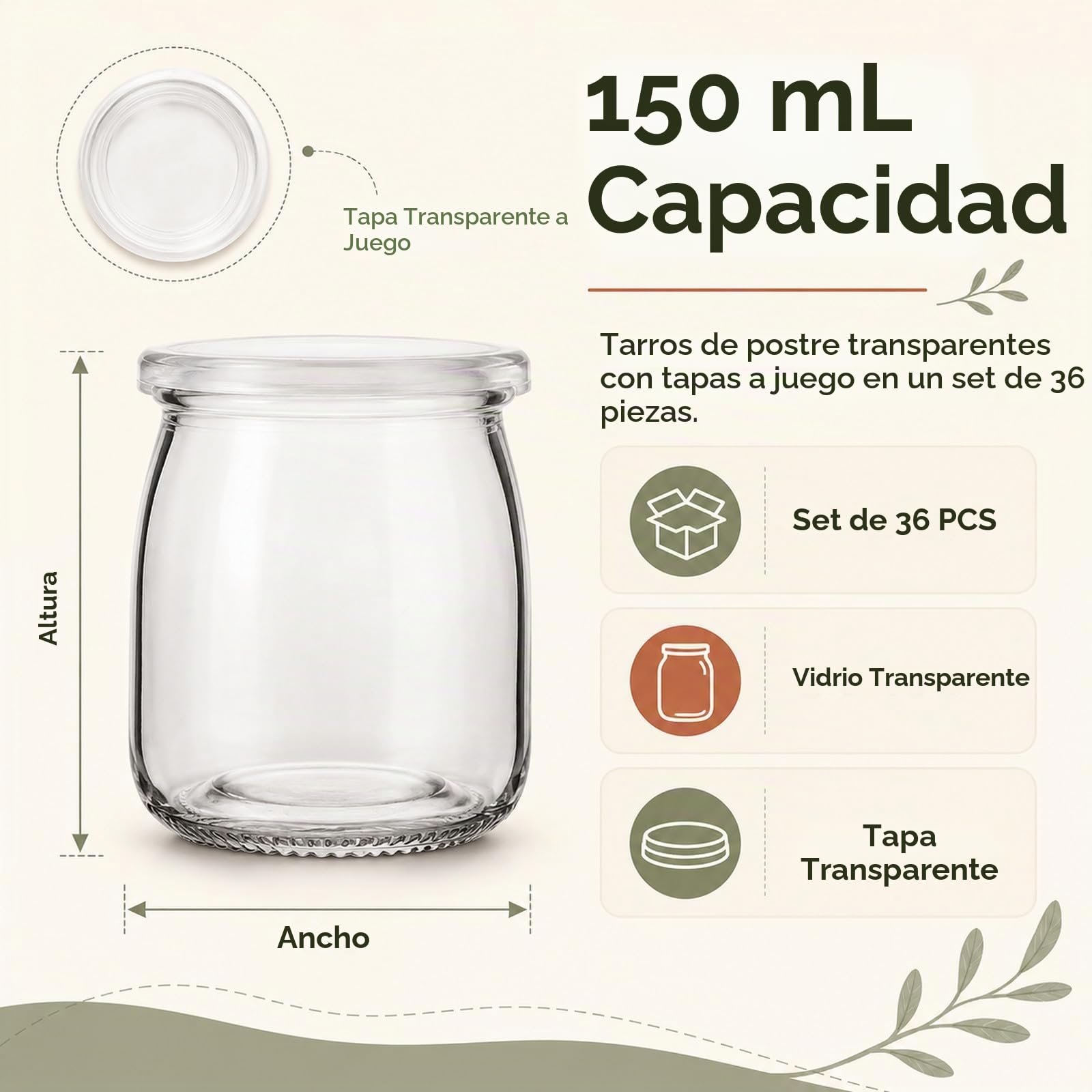 JMIATRY 36 Vasos Yogurtera Con Tapa 150 ml, Vasos Yogurtera, Botes de Cristal con Tapa pare Yogures, Postres y Natillas