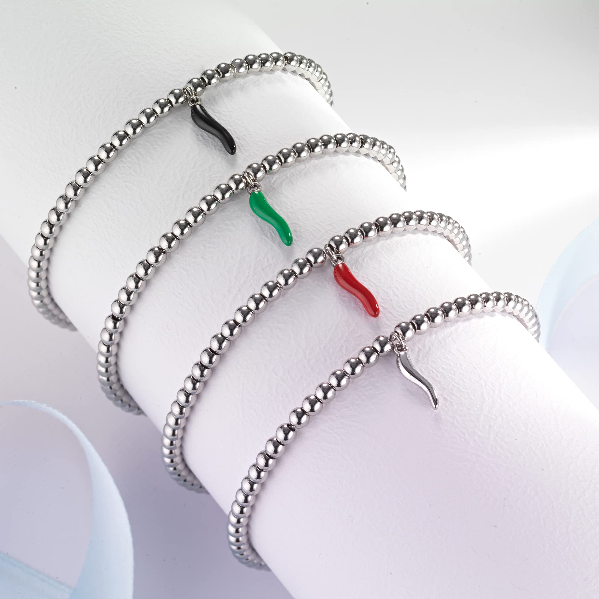 inSCINTILLE Corni Bracciale Donna Acciaio Inossidabile con Corno Peperoncino Portafortuna, Braccialetto Uomo Sfere in Acciaio Inossidabile
