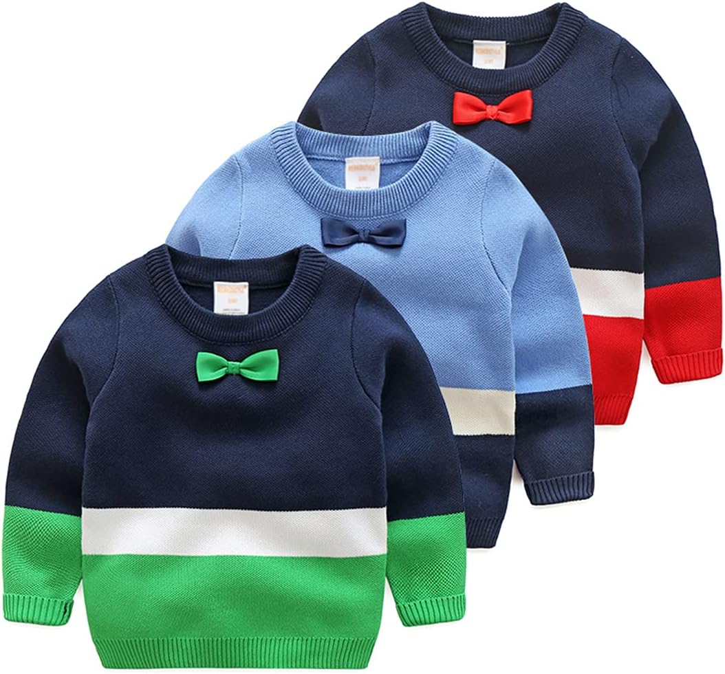 HEYDHSDC Boys 2021 Autumn Spring O-Neck Knitted School Bow Striped Long Sleeve Sweaters