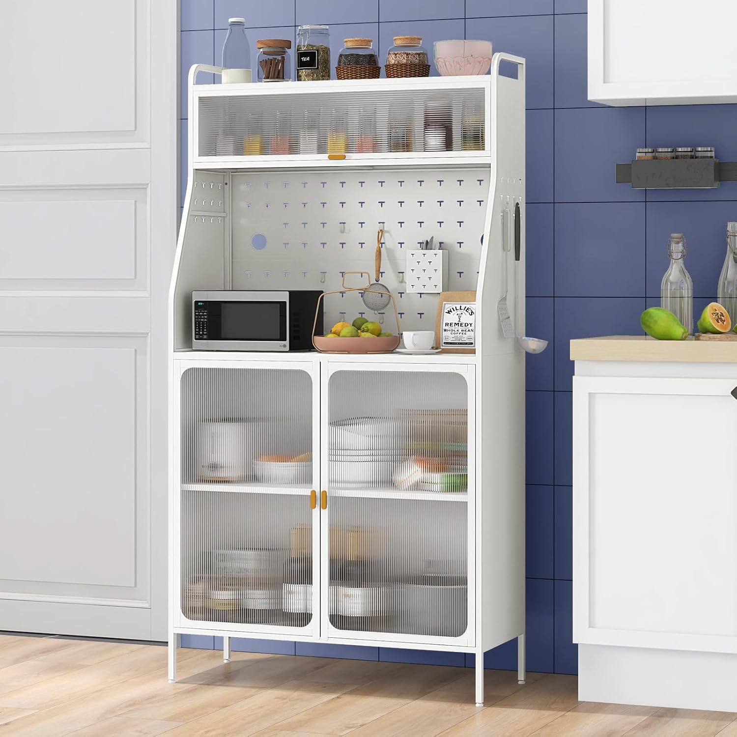 GOFLAME Bakers Rack, Metal Kitchen Utility Storage Shelf with Hutch and Storage Cabinet, Microwave Stand with Pegboard and 8 Hooks, Coffee Bar Station, Freestanding Kitchen Pantry, White