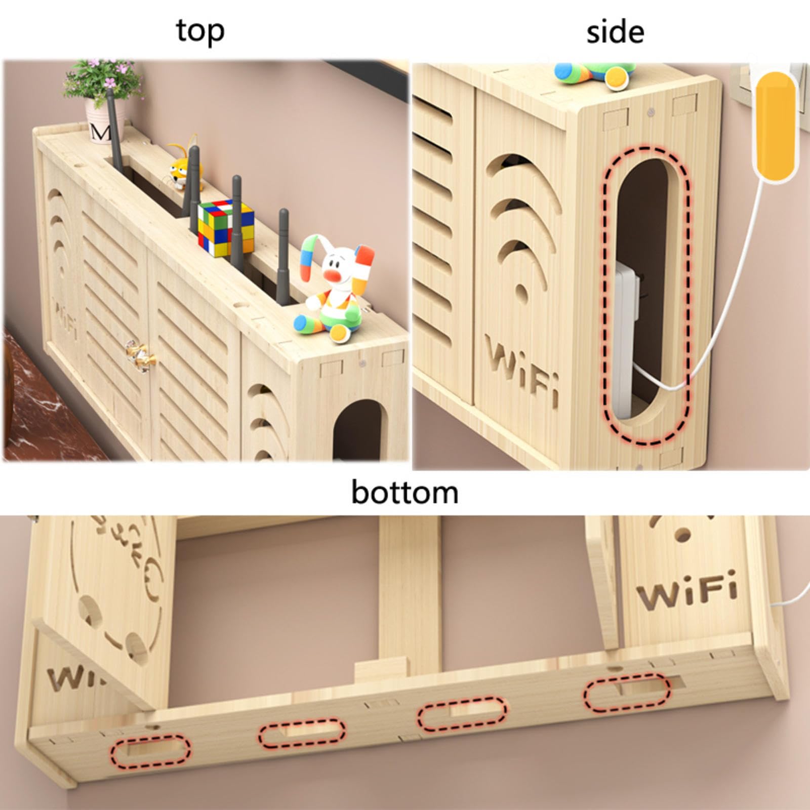 Scatola Porta Router WiFi Da Parete Bianca – Mensola Sospesa In Legno E Plastica, Dimensioni 40x9.5x20 Cm, Con Dissipazione E 3 Metodi Di Montaggio