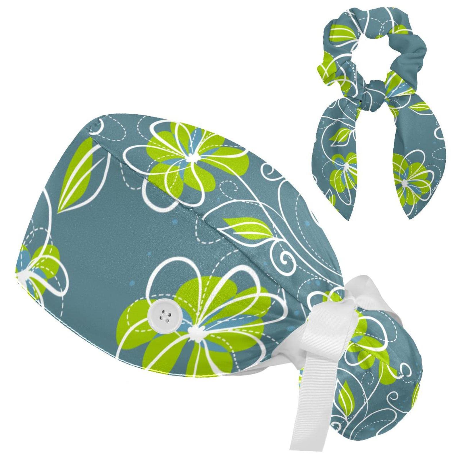 GenericSunflower Field Painting Adjustable Working Cap with Bow Hair Scrunchy, Bouffant Hat with Buttons