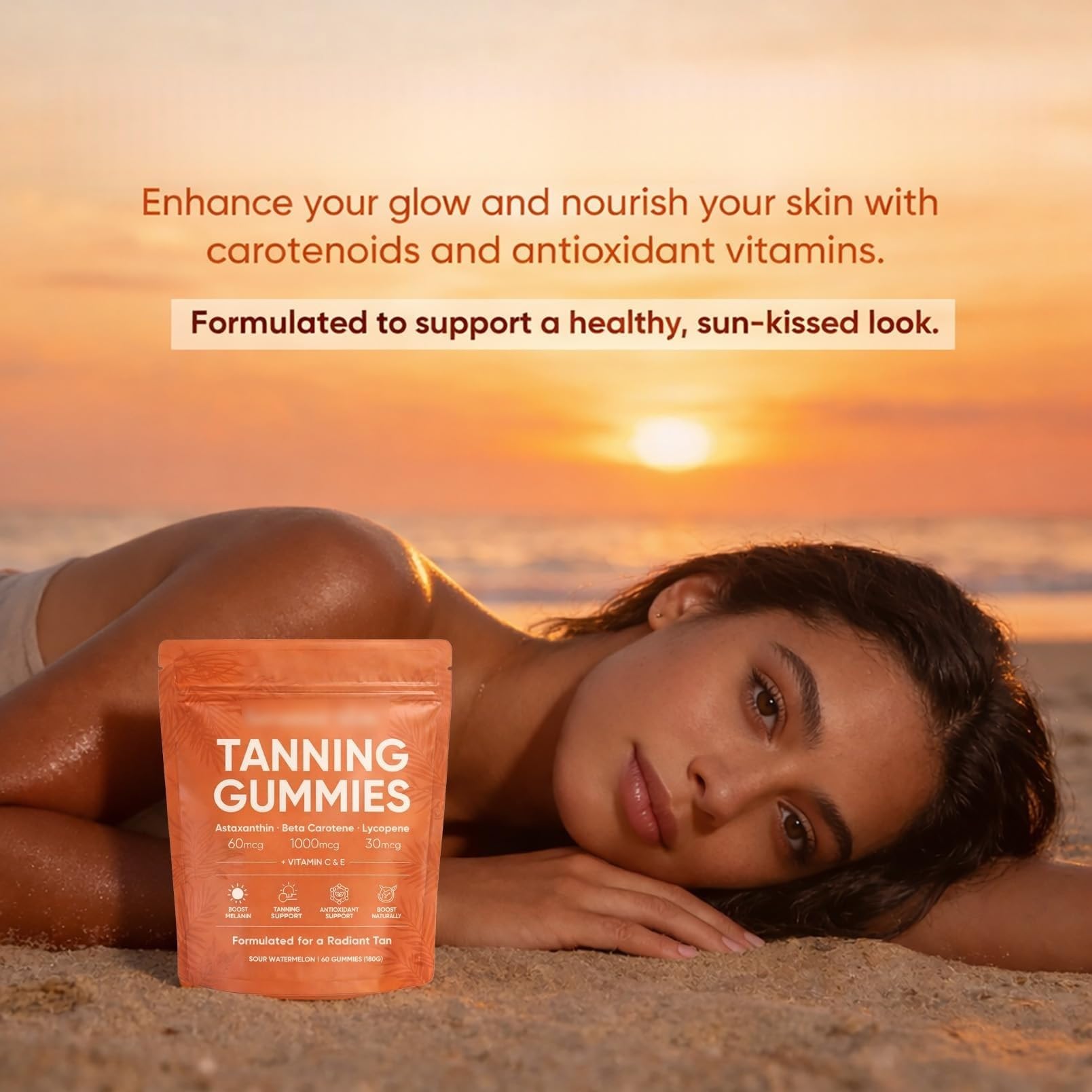 Caramelle gommose autoabbronzanti unisex (contenenti astaxantina), siero autoabbronzante per donna, aiutano la pelle a ottenere un colorito naturale, ideali per la cura quotidiana della bellezza e la