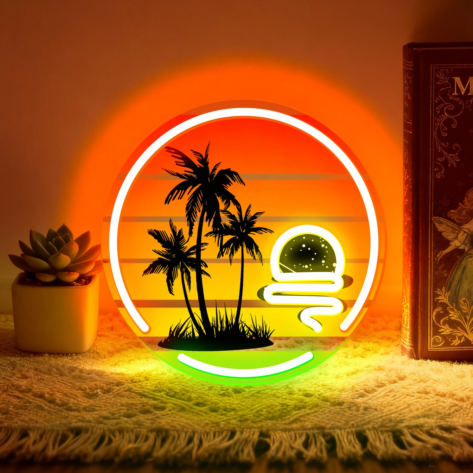 Palm Tree Sunset UV Printed Neon Light Decoration Colorful LED Light Bar Decor Suitable for Bedrooms Beach Themed Restaurants Atmospheric Cafes Art Wall Party Decoration(5V 11.8 * 11.8 Inches) — image 1